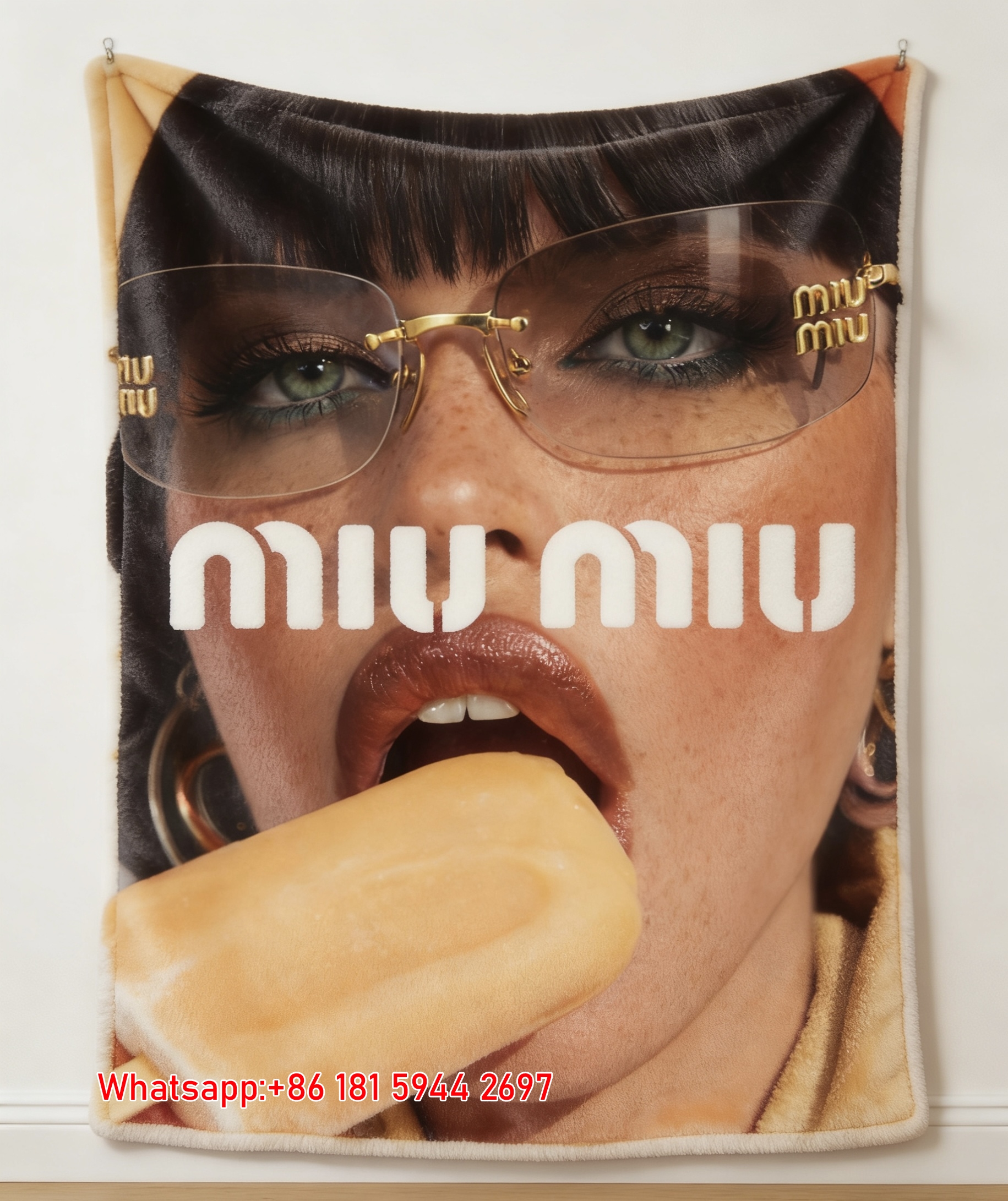 Miu Miu Warm Tan & Gold Rimless Sunglasses Portrait Printed Flannel Sofa Throw Blanket IMG_0470